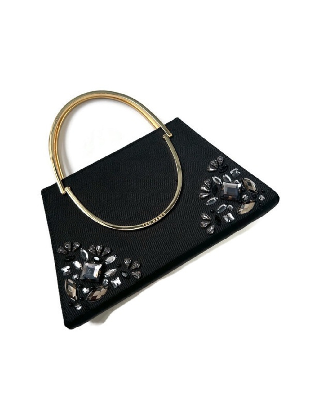 Ted Baker Black Satin Evening Clutch Gold Handle Crystal Embellished Mini Bag